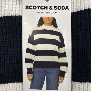 Scotch & Soda Women's Mock Neck Wide Sleeve Knit Sweater Multi Navy White L NWT